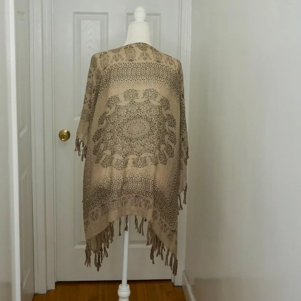 💜 JANICE Tan/Black Pattern Scarf Coat Poncho Kimono (OS)